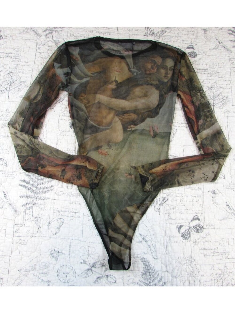 Mesh Tattoo Top Birth of Venus Long Slv Shirt Y2K Goddess Bodysuit Gothcore M - Picture 2 of 7